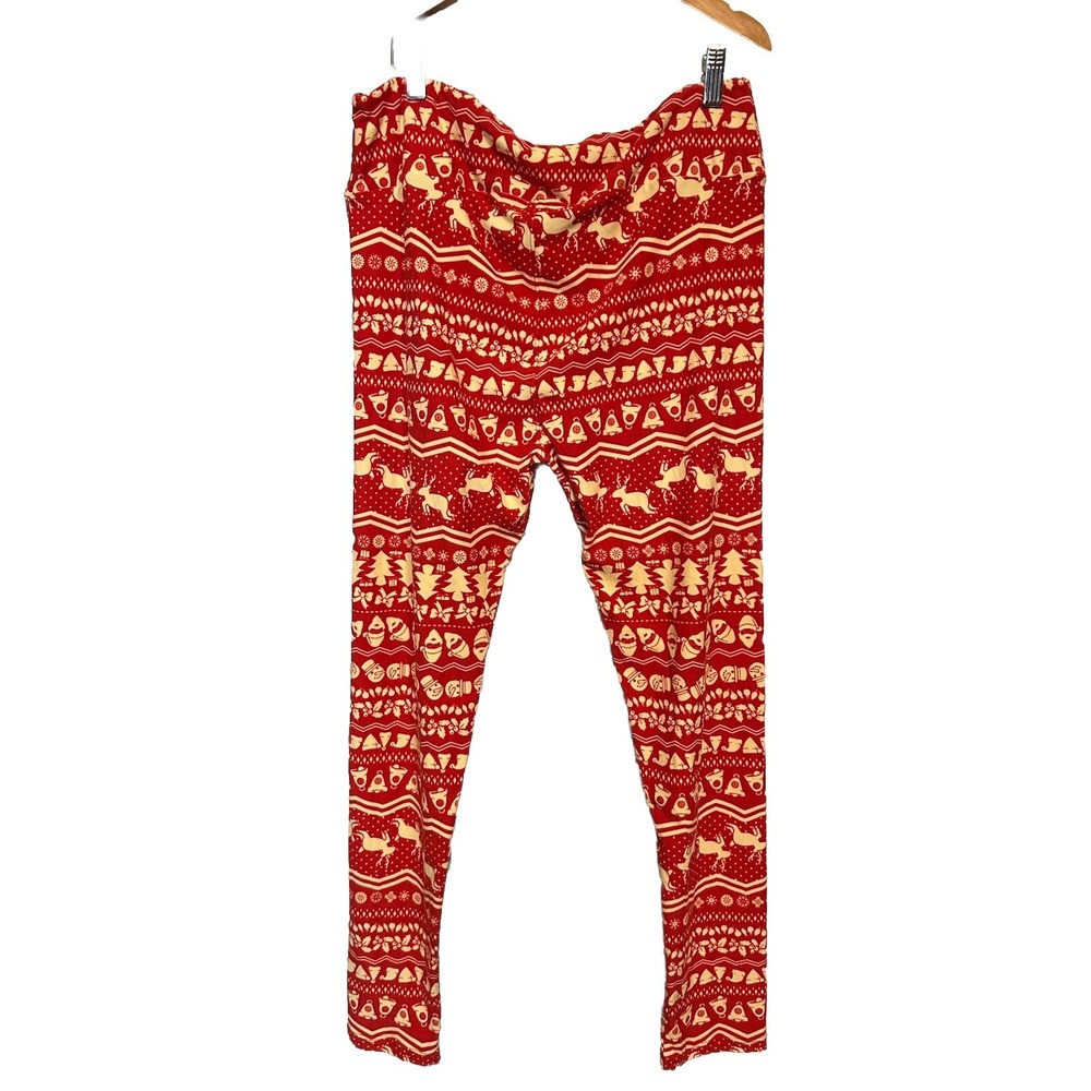 Lularoe Holiday Leggings Tall Curvy Red Reindeer Snowman - Picture 2 of 5